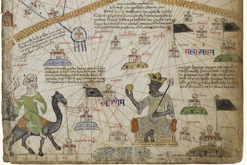 Mansa Musa representado en el Atlas Catalán de 1375 sosteniendo una pepita de oro