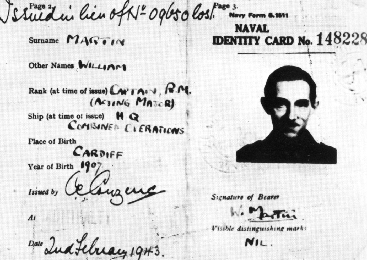 Documentos falsos de la Operación Mincemeat utilizados para crear la identidad del Major William Martin