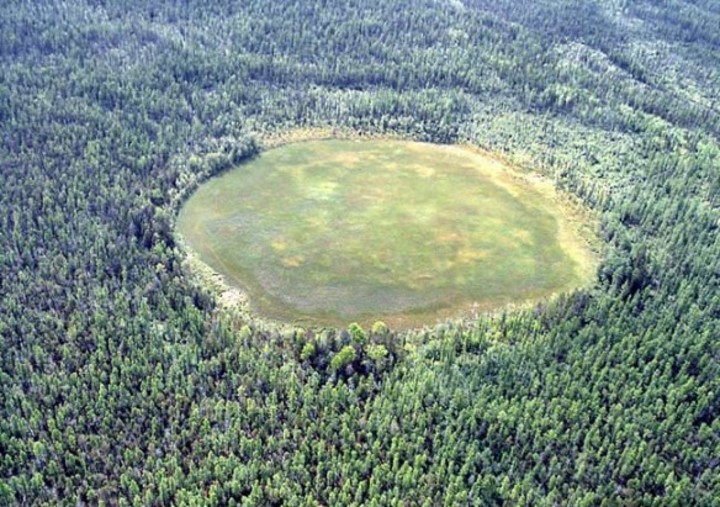 Patrón radial de árboles derribados en Tunguska tras la explosión de 1908